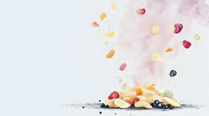 Fototapeta premium Watercolor painting of assorted fruits falling onto a pile.