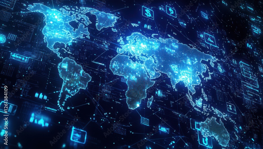 Poster digital world map visualization with technology icons and data patterns in blue neon colors on a dar