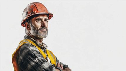 Fototapeta premium Confident Senior Construction Worker in Safety Gear, Hard Hat, Reflective Vest, Strong Professional Expression, Experienced Builder, White Background, Determined Engineer, Skilled Industry Expert
