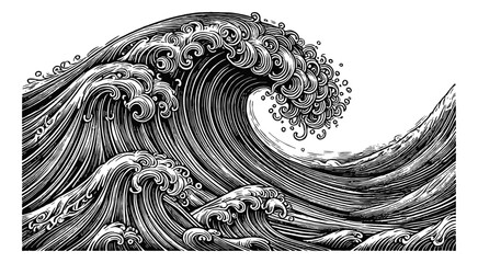 ocean wave engraving black and white outline