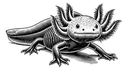 axolotl engraving black and white outline