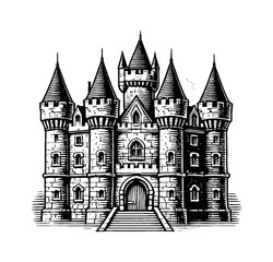 Obraz premium medieval stone castle engraving black and white outline