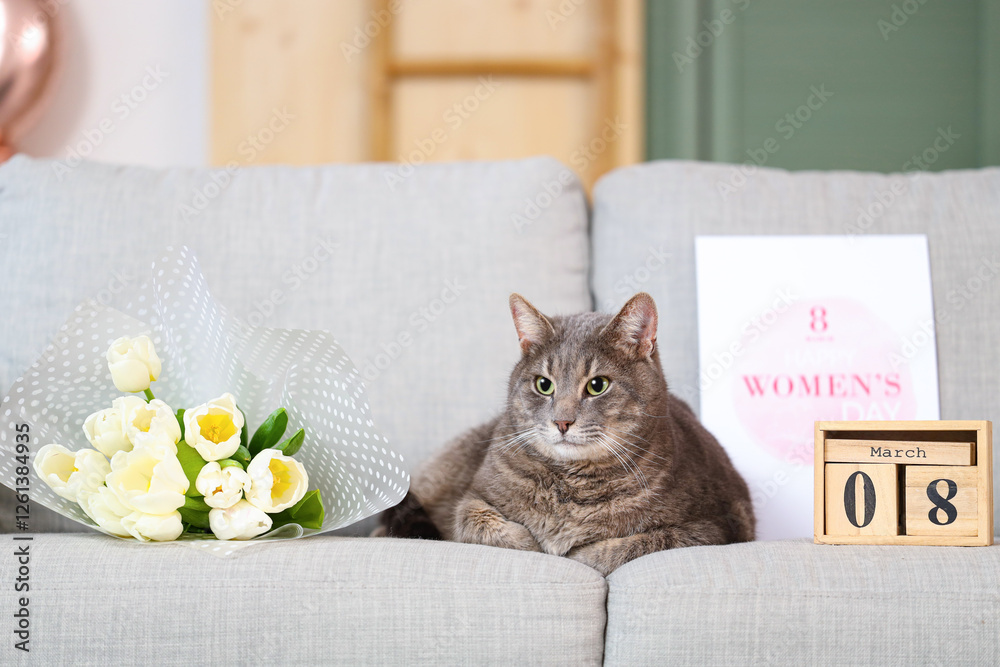 Poster Cute cat with greeting card, calendar and flowers on sofa at home. International Women's Day