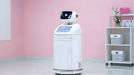 White robot in a pink room.