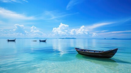 Naklejka premium Serene seascape featuring traditional wooden boats under a bright blue sky