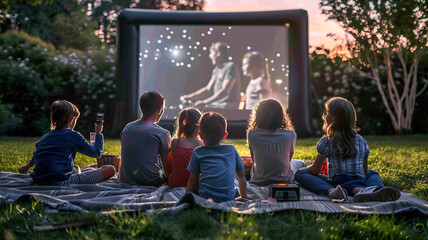 A neighborhood movie night in the park: Families sitting on blankets, enjoying a classic film projected onto a large screen under the stars.