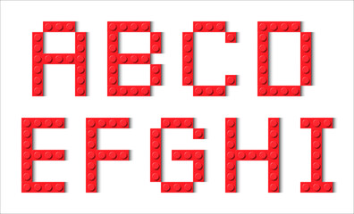 Letters of the alphabet composed of red plastic brick toy blocks. Building bricks font. Vector background illustration