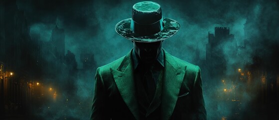 Mysterious figure in green suit, shadowy city backdrop