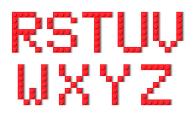 Letters of the alphabet composed of red plastic brick toy blocks. Building bricks font. Vector background illustration