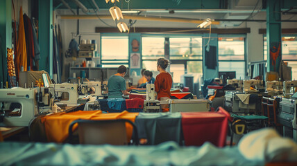 In a community sewing class, residents learn to mend clothes and make new garments, with sewing machines humming and vibrant fabrics all around.