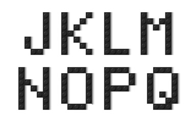 Letters of the alphabet composed of black plastic brick toy blocks on white background. Building bricks font. Vector background illustration