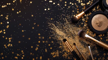 Professional makeup brushes and golden glitter powder scattered on black background with copy space