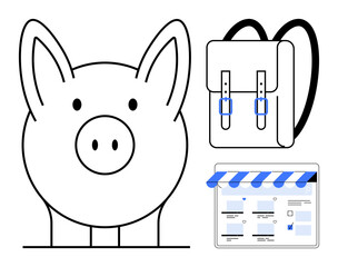 Piggy bank, backpack, and e-commerce webpage store illustration. Ideal for financial savings, online education, e-commerce, back-to-school, budgeting online shopping retail strategies. Black