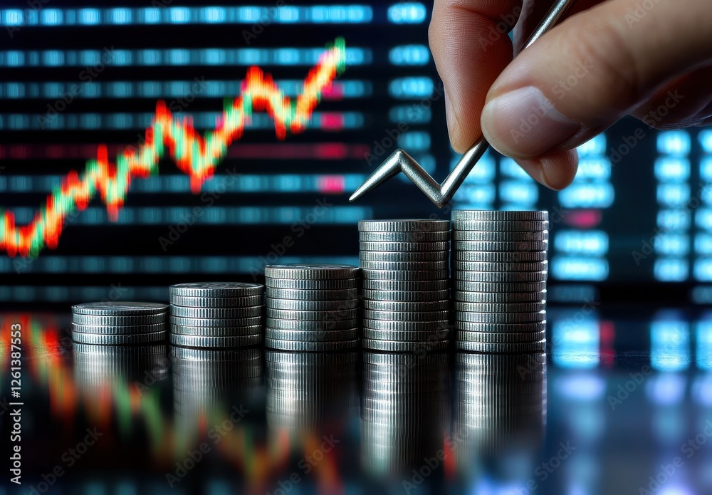 Poster hand holding graph pointer over stacks of coins with financial market data displayed on background w