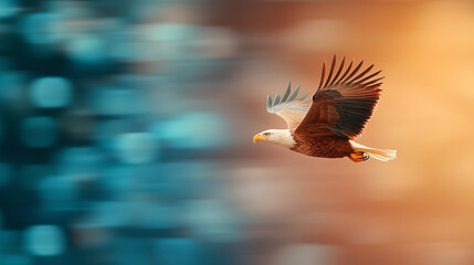 Fototapeta premium A powerful eagle soars at high speed with dynamic motion blur, illuminated by striking red and blue light. A dramatic and energetic scene symbolizing strength and freedom.