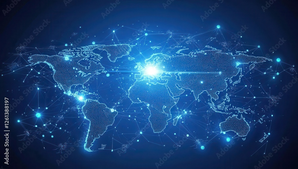 Poster high-tech digital global map with connection lines and bright light effects for data visualization a