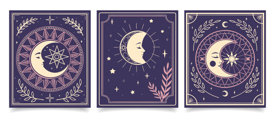 Set of cards with mystical sacred sun, moon and stars. Art prints, wall posters. Illustration