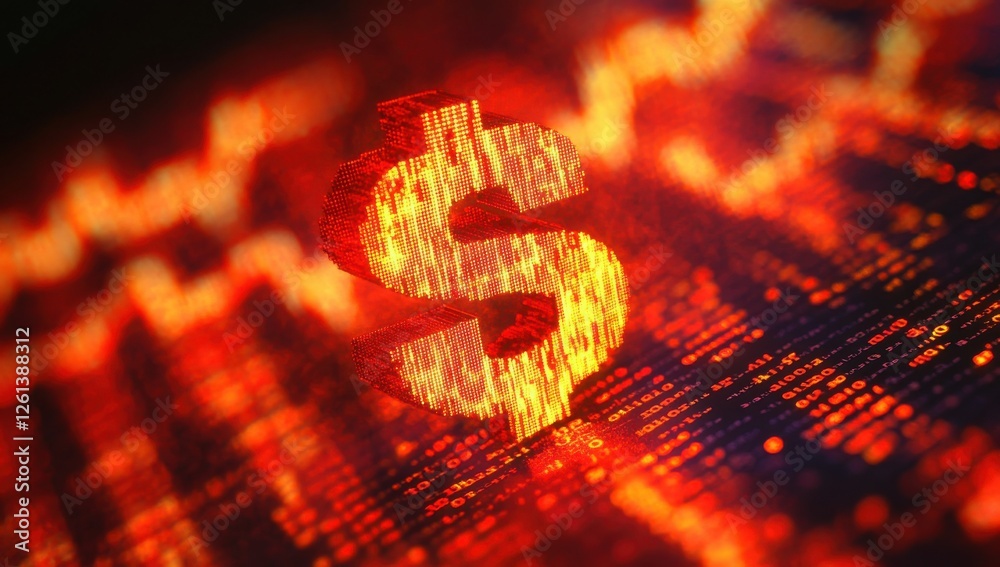 Poster illuminated dollar symbol with digital numbers creating a vivid abstract background representing fin