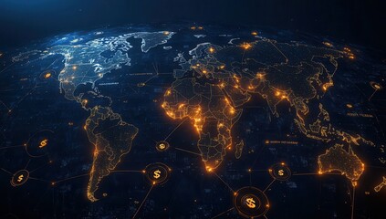 Naklejka premium Illuminated World Map With Global Connectivity and Financial Symbols Depicting International Trade and Economic Growth in a Digital Era