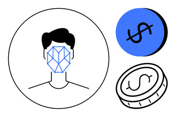 Face with geometric lines, blue dollar signs on a coin, and a circle. Ideal for security, biometrics, finance, identification, privacy technology and AI. Abstract line flat metaphor
