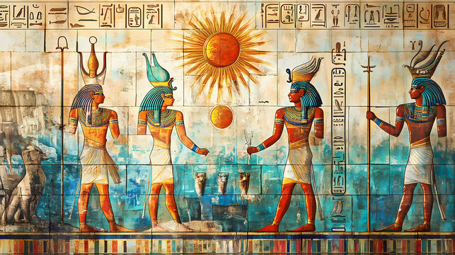 Egypt style art, an ancient egyptian mural featuring colorful figures, symbols, and a sun disk, representing deities and their significance in mythology. Ancient Sunken Civilizations. Illustration