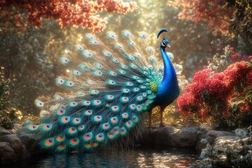 Obraz premium Peacock displays feathers in garden pond