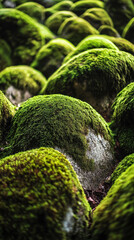 Verdant moss blanketing weathered stones, capturing intricate textures and soft green growth with nuanced depth of field highlighting natural landscape details