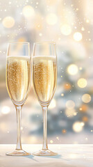 Champagne flutes overflowing with sparkling bubbles resting on surface, soft holiday lights and snowflakes blurring background, evoking festive winter celebration mood