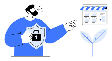 Man holds shield with lock, points at a secure website interface with store awning. Leaf plant grows beside. Ideal for cybersecurity, online shopping, privacy protection, digital security, data