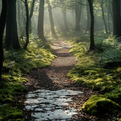 Obraz premium Sunlit forest path, moss, tranquility, nature's peace.