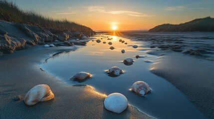 Obraz premium Seashells gleam in sunset's golden beach water.