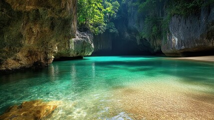 Secluded cove of radiant turquoise waters framed by rocky cliffs and lush flora