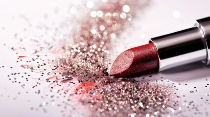 Metallic rose gold lipstick with glitter sparkles on light background, cosmetics and makeup concept