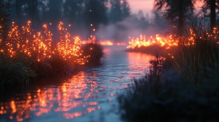 Glowing plants illuminate river at dusk.