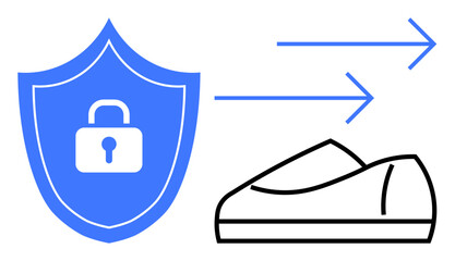 Shield with a lock symbol and a sneaker with arrows indicating fast delivery. Ideal for logistics, security, e-commerce, delivery services, technology, cybersecurity, sports. Line metaphor