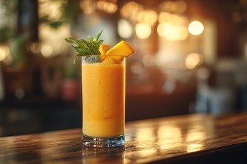 Mango smoothie bar drink, bokeh background