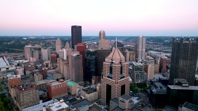 Aerial view of Pittsburgh city skyline, It is the second-most populous city in Pennsylvania .