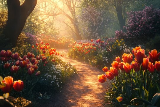 Sunlit garden path, tulips blooming, spring morning, misty forest background, peaceful scene