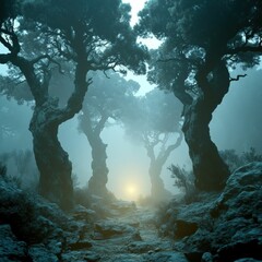 Fototapeta premium Mysterious path through misty forest, ethereal light.