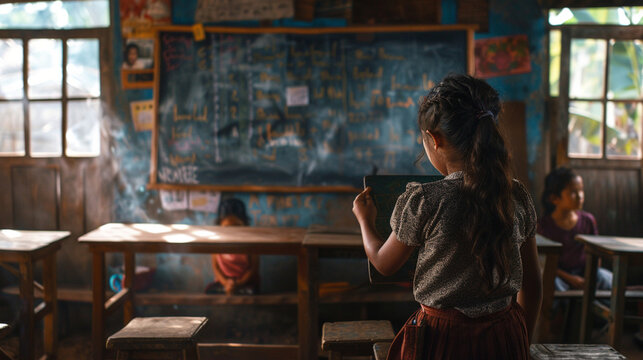 In Nicaragua, a teacher uses a small chalkboard to instruct children in a rural schoolhouse. Despite worn desks and humidity