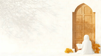 Woman in white robe reads book by arched doorway.