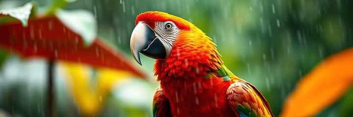Obraz premium vibrant scarlet macaw in tropical rain with blurred background