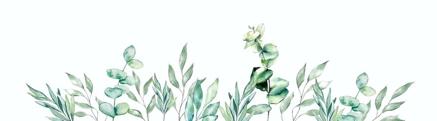 Watercolor eucalyptus green and golden leaves background banner minimal decoration botanical ecological cosmetic wedding invitation spring summer plants border frame green leaves pastel colors