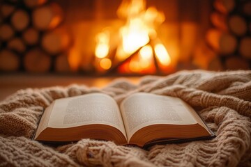 Cozy Scene with Open Book and Warm Fireplace in Background