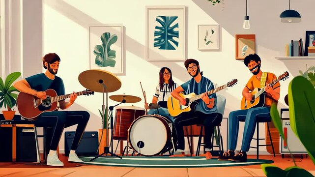 Indoor Band Jam Session: Friends Playing Music Together