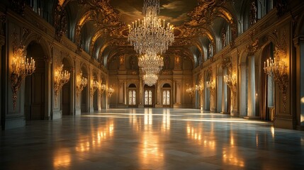Obraz premium Sunlit grand hall, opulent chandeliers, gilded details.