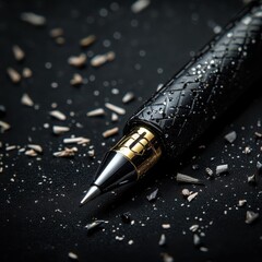 Intricate pencil resting on a surface scattered with shavings and dust