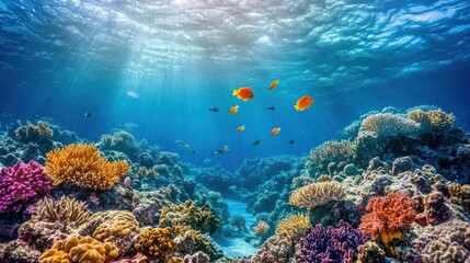 Fototapeta premium Vibrant coral reef ecosystem teeming with life in crystal clear water