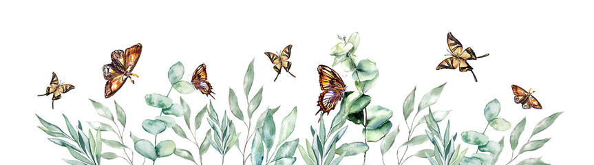 Watercolor eucalyptus green leaves with butterflies background banner minimal decoration botanical ecological cosmetic wedding invitation spring summer plants border frame green leaves pastel colors