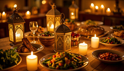 Naklejka premium Festive table setting with lanterns and dishes, Lanterns with Islamic Motifs, Eid al-Adha 